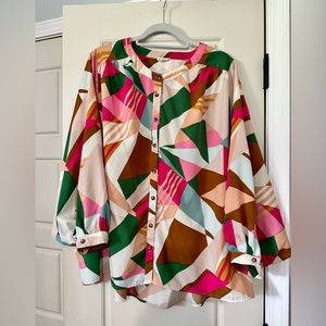 Jodifl size 1X blouse. Pinks, green, brown, blush, aqua.
